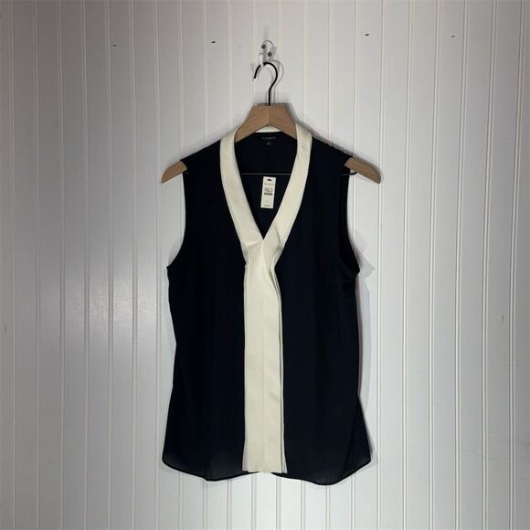 NWT Talbots Sleeveless Blouse L Black Ivory Contrast Trim Career Workwear Top - Picture 1 of 7